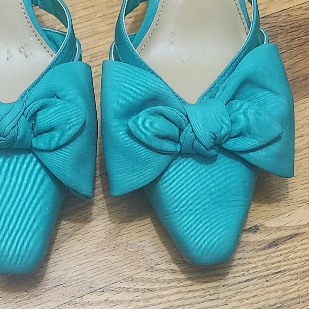 J.Crew Women’s Size 8 Teal Bow Mule Heels Kitten Heel Slip-On Sandals Chic Dress - Picture 6 of 10